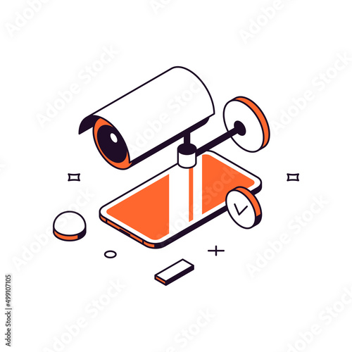 Cyberspace security monitoring smartphone application 3d icon isometric vector illustration. Cctv camera mobile phone transfer online broadcasting wireless security connection private area system