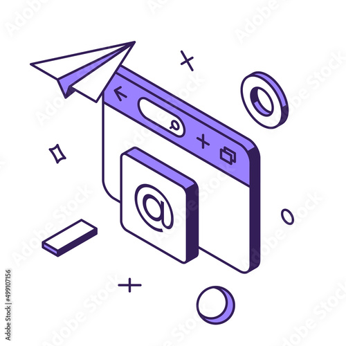 Computer browser internet content creation information searching scrolling social networks isometric vector illustration. Browsing web site useful data email receive send online communication 3d icon