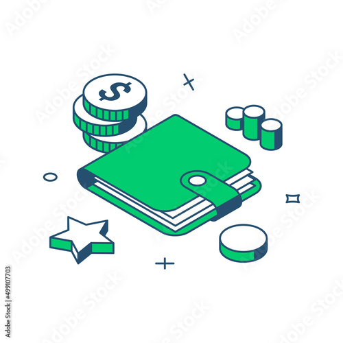 Minimalist wallet cash money dollar for banking financial payment business commercial 3d icon isometric vector illustration. Billfold accessory for currency carrying storage economy income wealth