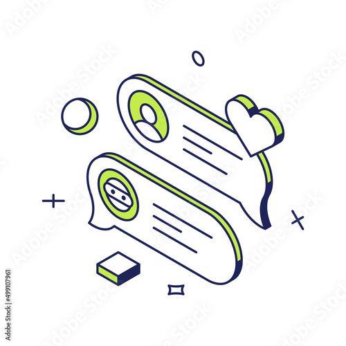 Customers society comment chatting service feedback satisfaction evaluation rating 3d icon isometric vector illustration. Marketing campaign quality brand rate improvement clients trust opinion review