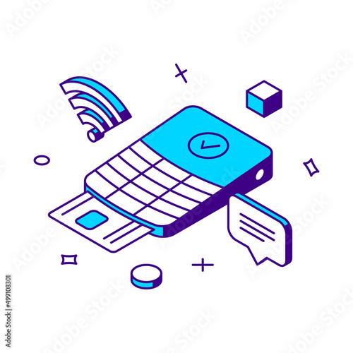 Success online payment wireless checkout complete POS terminal machine and credit card 3d icon isometric vector illustration. Internet purchase buying transaction financial banking digital technology