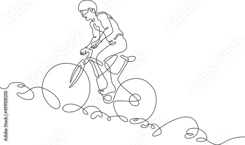 One continuous line. Cyclist on a bike in the mountains. Mountain bike. Extreme sport.Man cyclist.One continuous line drawn isolated, white background.