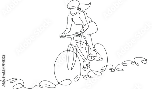 One continuous line. Cyclist on a bike in the mountains. Mountain bike. Extreme sport.Woman cyclist.One continuous line drawn isolated, white background.