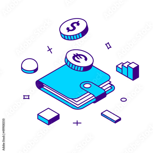 Cash payment analyzing diagram with wallet and metallic currency coins 3d icon isometric vector illustration. Internet buying financial business banking retail budget counting commercial purchase