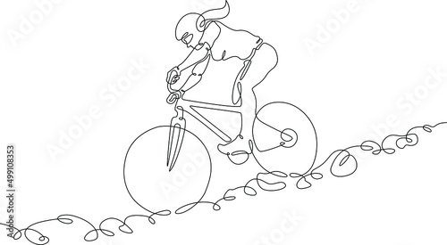 One continuous line. Cyclist on a bike in the mountains. Mountain bike. Extreme sport.Woman cyclist.One continuous line drawn isolated, white background.