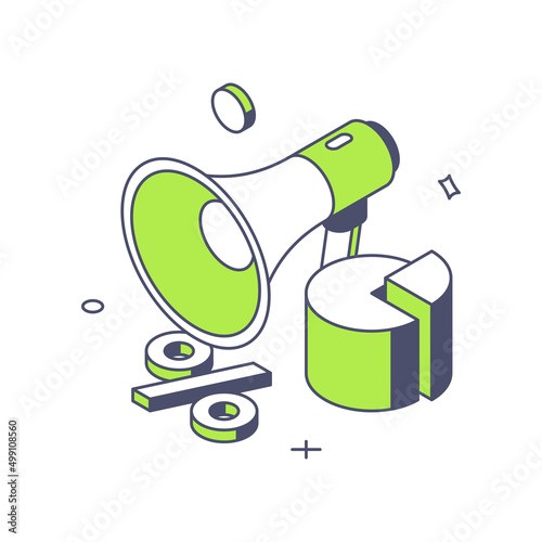 Advertising marketing campaign analyzing public announce sale discount percent with megaphone 3d icon isometric vector illustration. Branding promotion commercial company media presentation