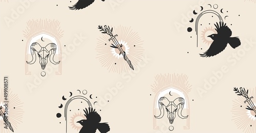 Hand drawn vector abstract stock flat graphic illustration with logo element,bohemian magic line art seamless pattern of raven bird,sword,star and moon phase in simple style,feminine astrology.
