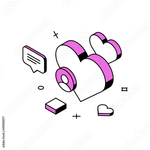 Social networks media communication society cyberspace connection like, comment, follow, add, chat 3d icon isometric vector illustration. Internet conversation texting mobile dating application