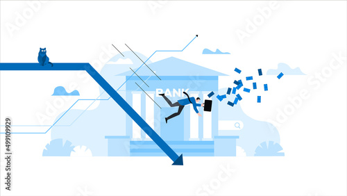 Man falling from arrow chart. He loses money from suitcase. Animation ready duik friendly vector. Conceptual business story. Financial crisis, economic recession, bankruptcy, depression.
