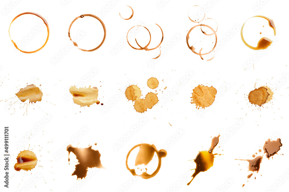 Set of coffee drops and stains isolated on white - obrazy, fototapety, plakaty 
