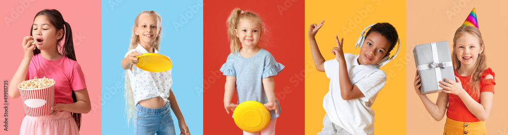 Collage with cute children on colorful background Collage with cute children on colorful background