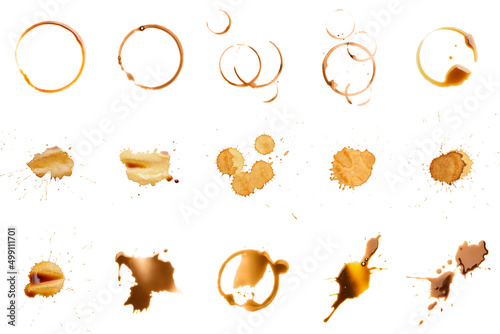 Set of coffee drops and stains isolated on white photo