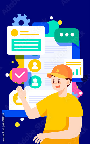 Business people are preparing resumes with various data in the background, vector illustration