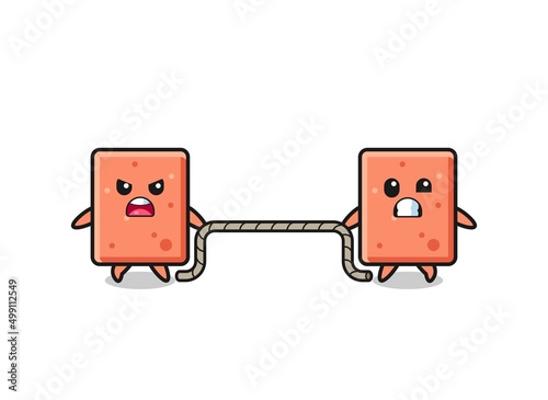 cute brick character is playing tug of war game