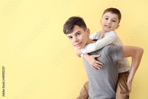 Portrait of cute brothers on color background photo
