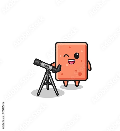 brick astronomer mascot with a modern telescope