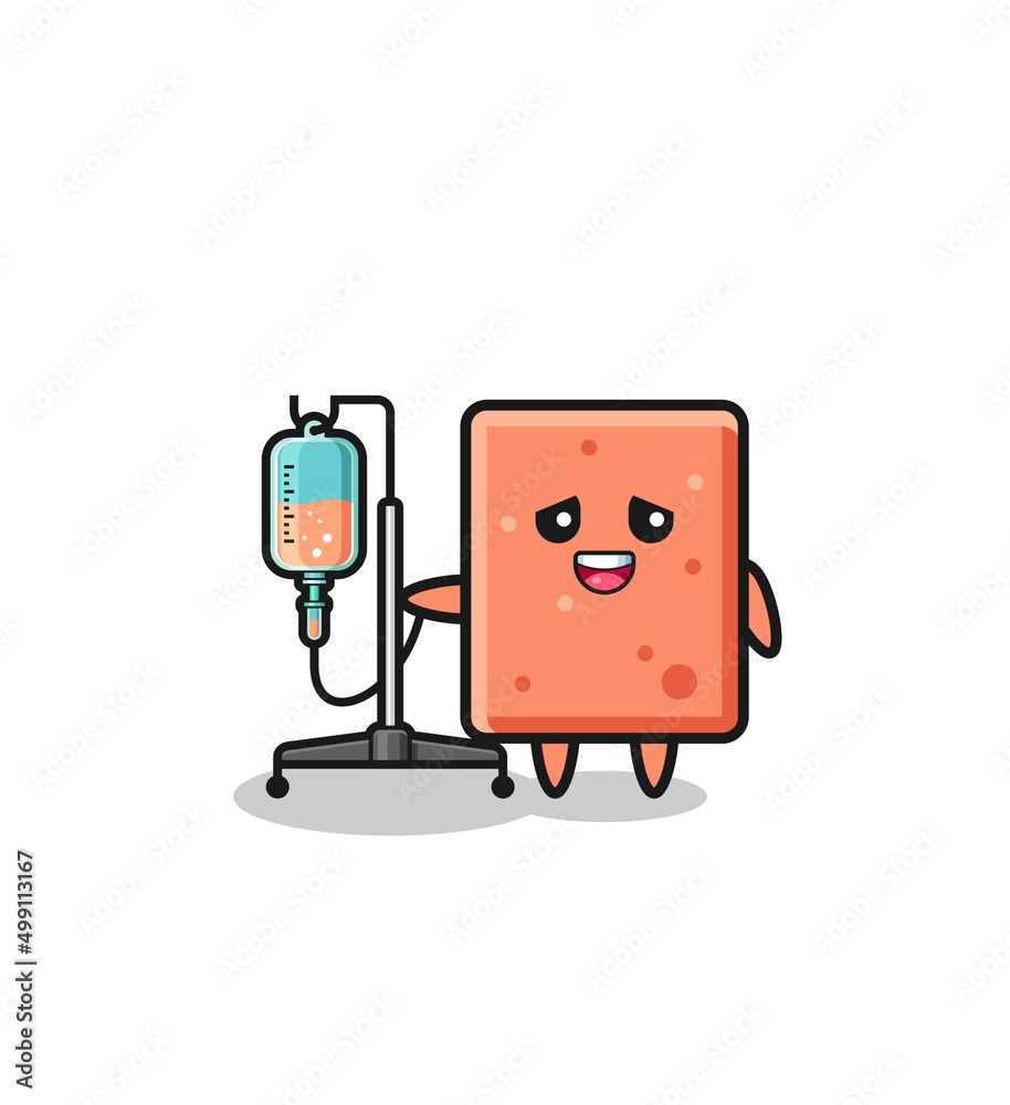 cute brick character standing with infusion pole