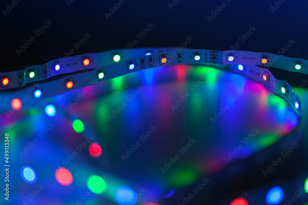 Colorful LED lights stripe, close up photo with selective focus Colorful LED lights stripe, close up photo with selective focus