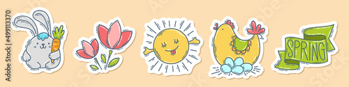 Easter hand-drawn doodle sticker set. Cute colorful symbols and elements collection.