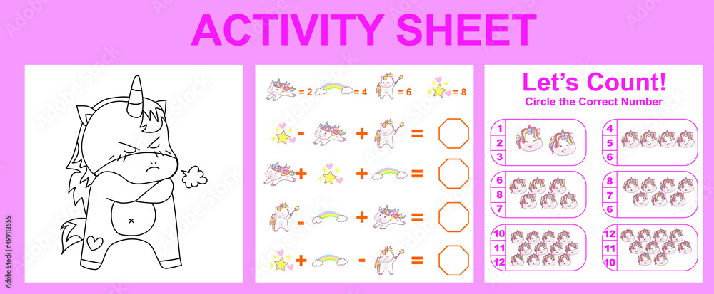Activity sheet for children. Educational printable worksheet. Unicorn worksheet theme. Motor skills education. Vector illustrations