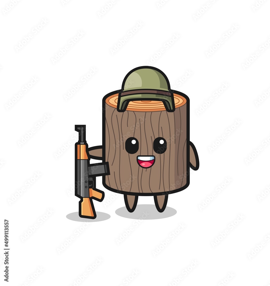 cute tree stump mascot as a soldier