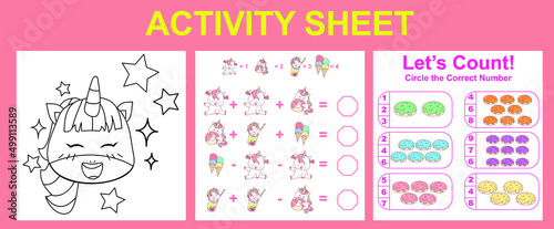 Activity sheet for children. Educational printable worksheet. Unicorn worksheet theme. Motor skills education. Vector illustrations