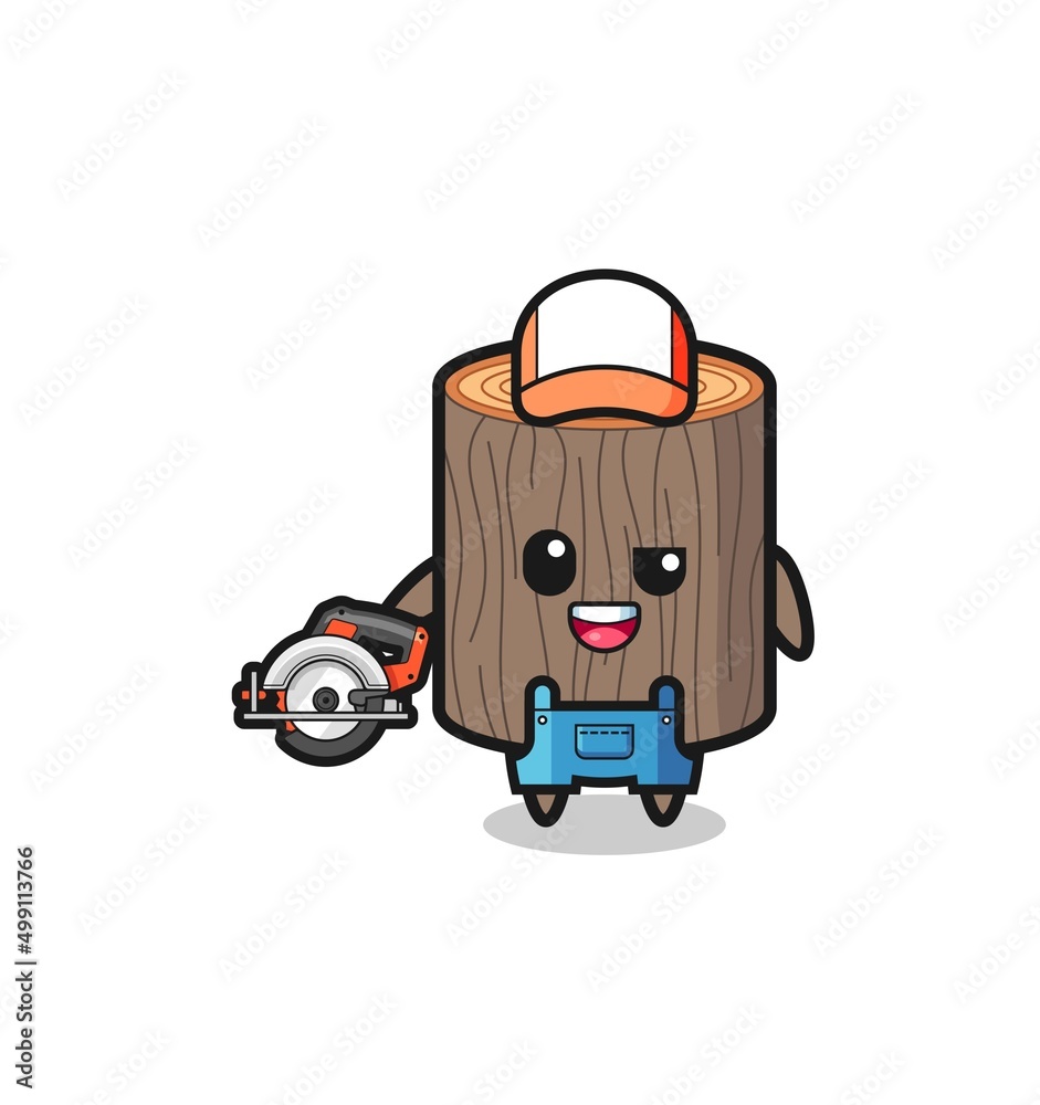 the woodworker tree stump mascot holding a circular saw