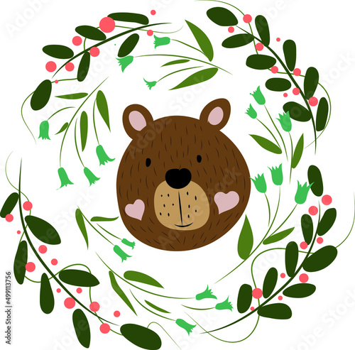 Vector image. Muzzle of a brown bear with flowers.