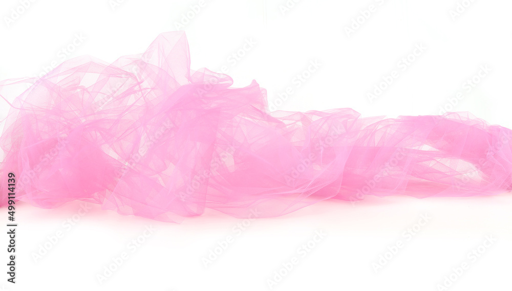 Abstract pink tulle fabric isolated on white background. Bright transparent material curve wave on white. Abstract pink tulle fabric isolated on white background. Bright transparent material curve wave on white.