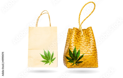 Cannabis leaf image printed on paper bags, Krajood bags.Packaging Prototype Collection stand up pouch half side view package. photo