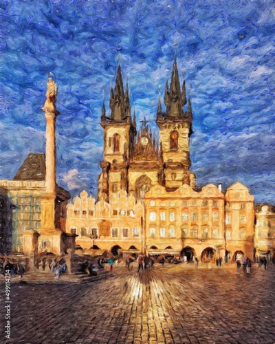 Real painting modern artistic artwork Prague Czechia drawing in oil city center vintage houses and architecture, Europe travel, wall art print for canvas or paper poster, tourism production design © Mashkhurbek