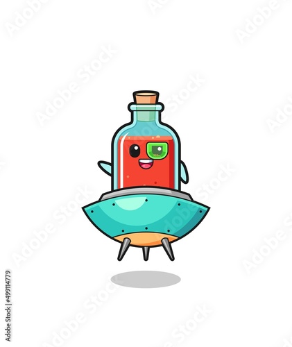 square poison bottle cartoon riding a future spaceship