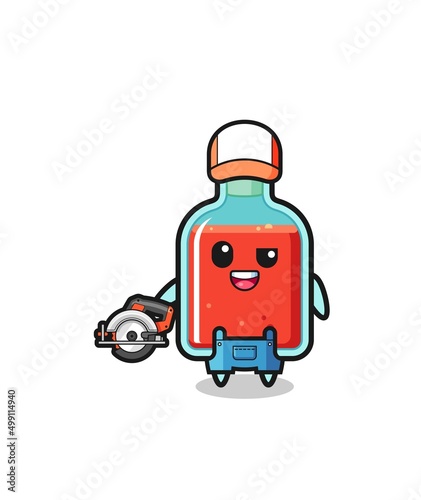 the woodworker square poison bottle mascot holding a circular saw