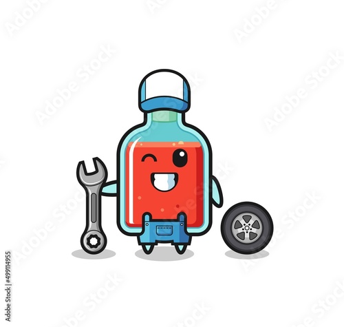 the square poison bottle character as a mechanic mascot
