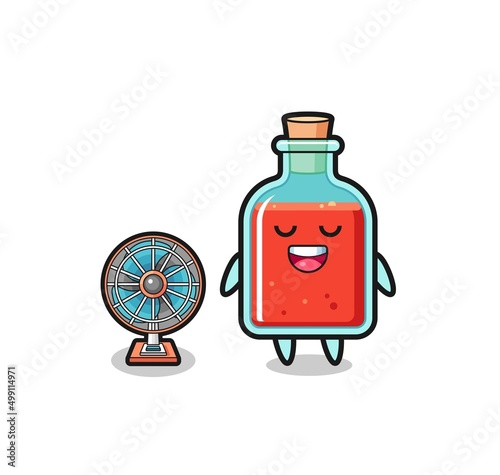 cute square poison bottle is standing in front of the fan
