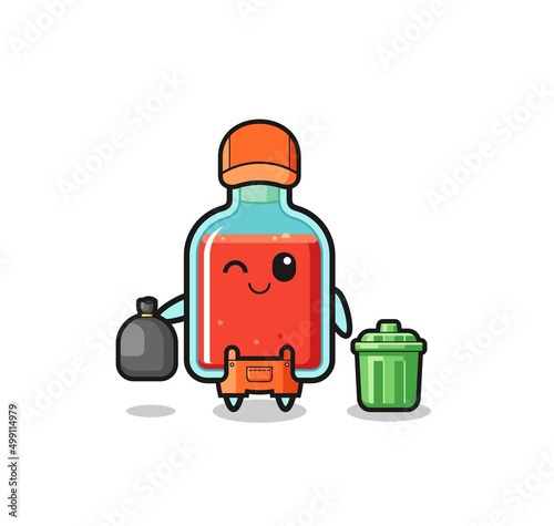 the mascot of cute square poison bottle as garbage collector