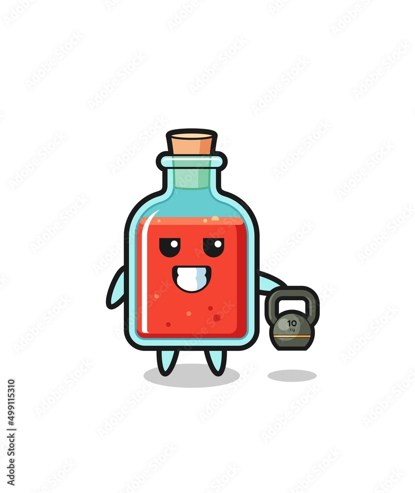 square poison bottle mascot lifting kettlebell in the gym square poison bottle mascot lifting kettlebell in the gym