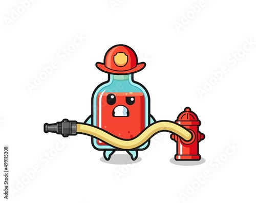 square poison bottle cartoon as firefighter mascot with water hose