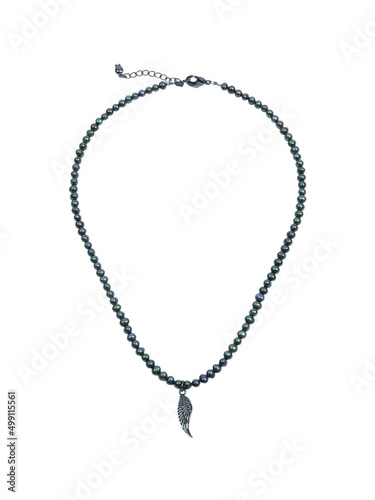 Female silver wing shaped pendant with dark blue beads necklace isolated on white