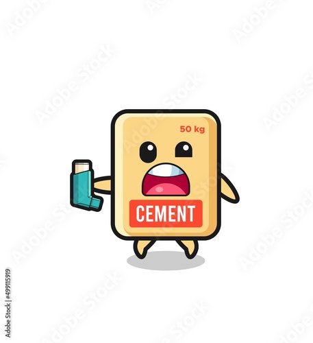 cement sack mascot having asthma while holding the inhaler