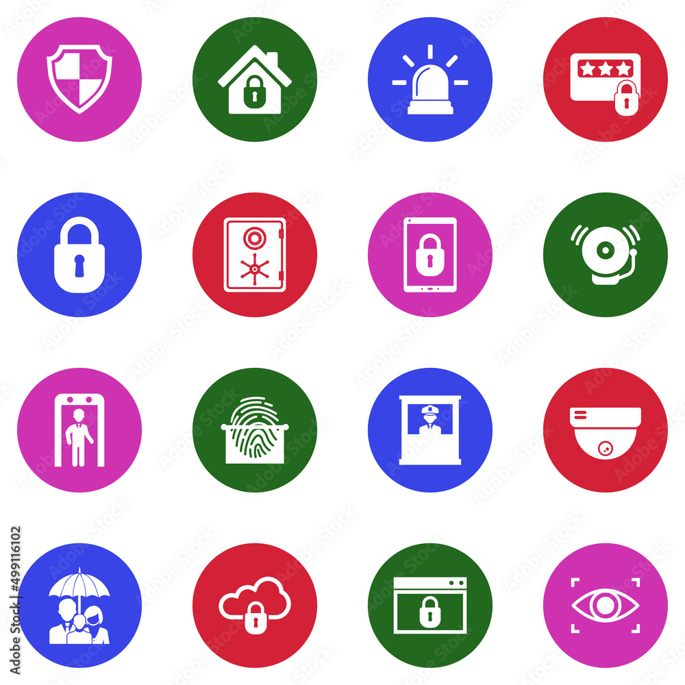 Protection And Security Icons. White Flat Design In Circle. Vector Illustration. Protection And Security Icons. White Flat Design In Circle. Vector Illustration.
