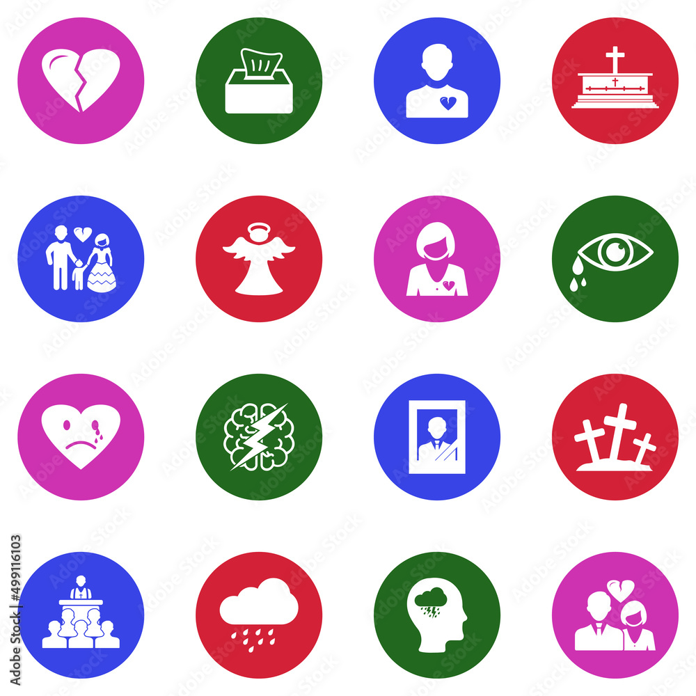 Sadness And Grief Icons. White Flat Design In Circle. Vector Illustration. Sadness And Grief Icons. White Flat Design In Circle. Vector Illustration.