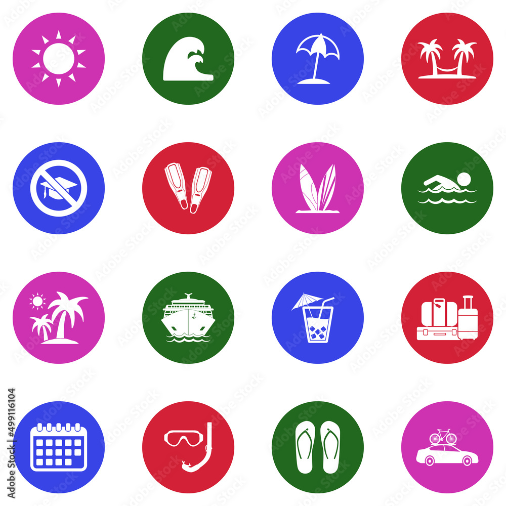Summer Break Icons. White Flat Design In Circle. Vector Illustration. Summer Break Icons. White Flat Design In Circle. Vector Illustration.
