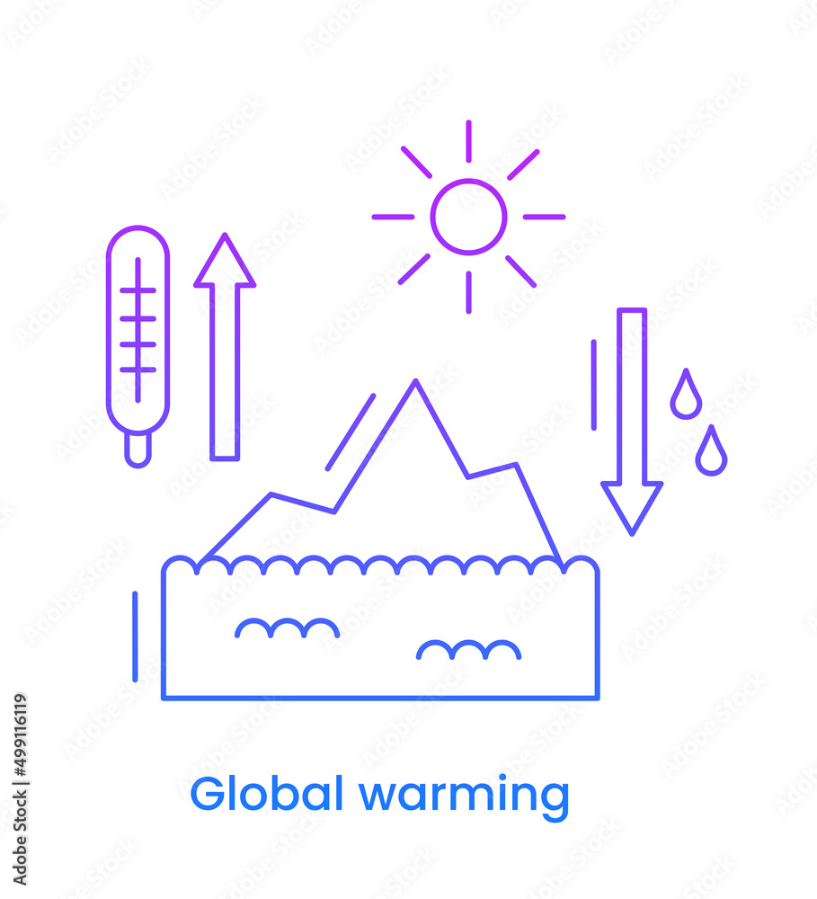 Problem global warming line icon. Global temperature rise, melting ice, sea level rise, climate change. Gradient. Vector illustration with caption, isolated on a white background.