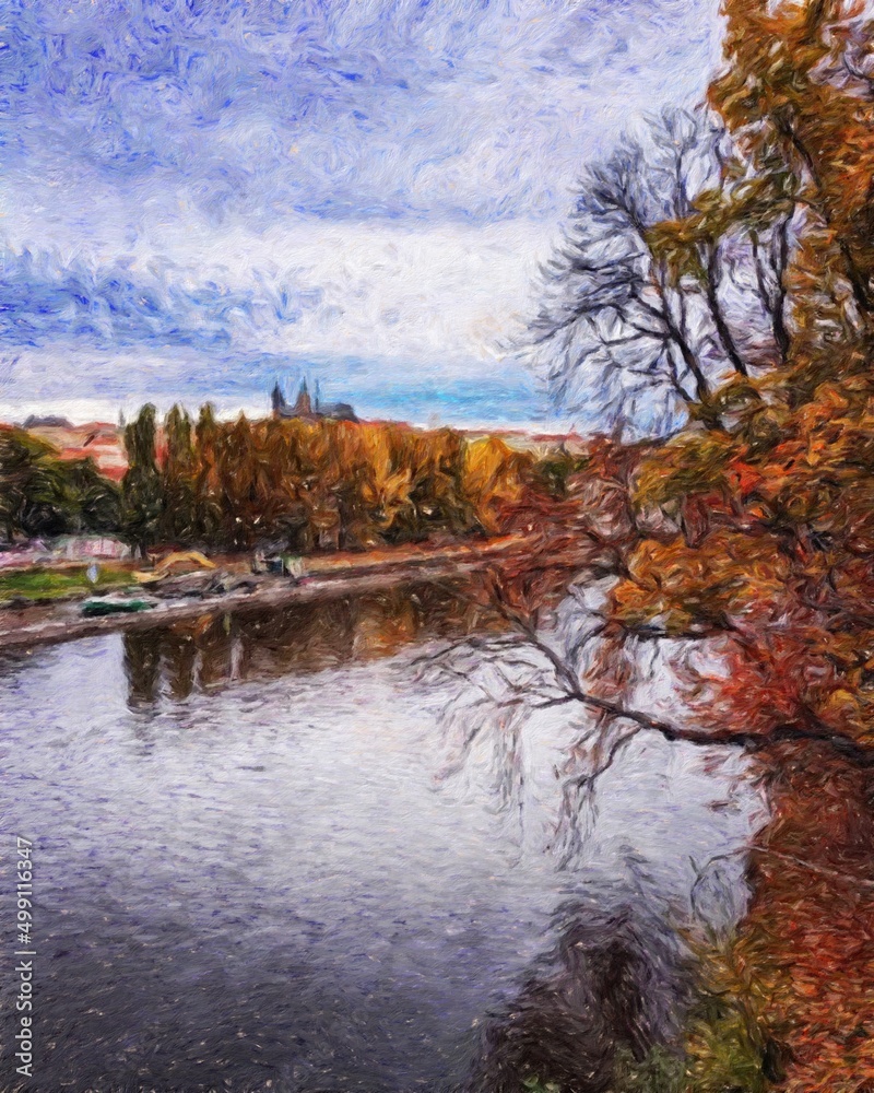 Fototapeta premium Real painting modern artistic artwork Prague Czechia drawing in oil city center vintage houses and architecture, Europe travel, wall art print for canvas or paper poster, tourism production design