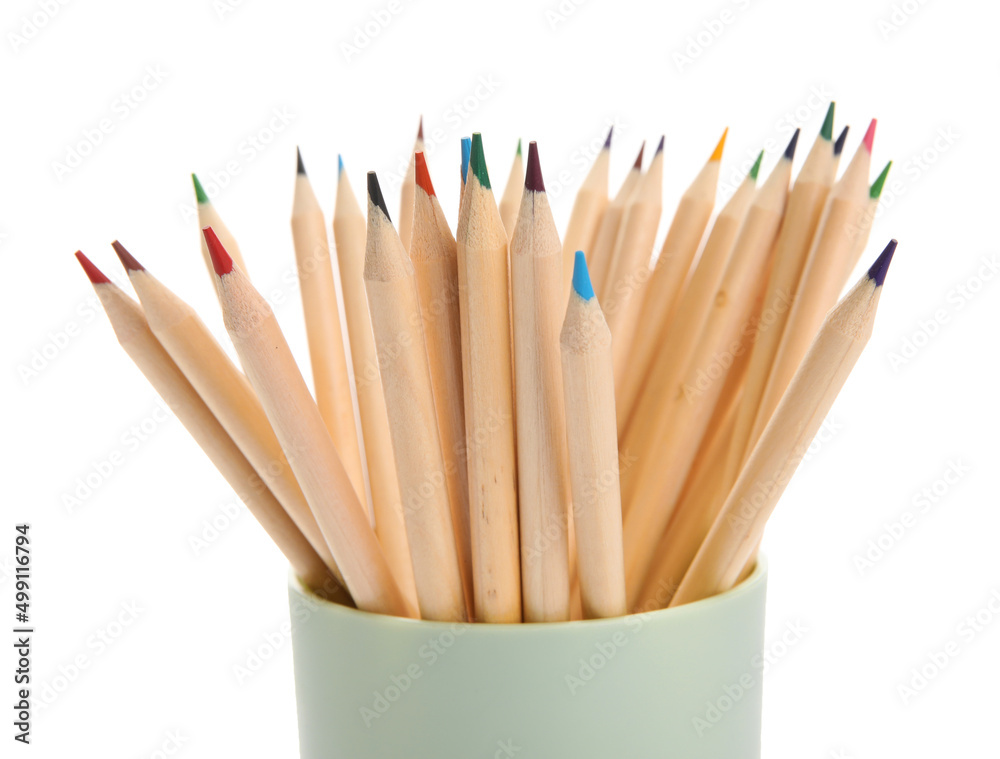 Holder with color pencils isolated on white background, closeup Holder with color pencils isolated on white background, closeup