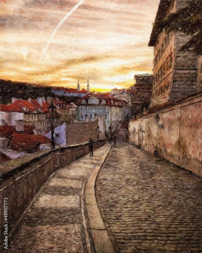 Real painting modern artistic artwork Prague Czechia drawing in oil city center vintage houses and architecture  Europe travel  wall art print for canvas or paper poster  tourism production design