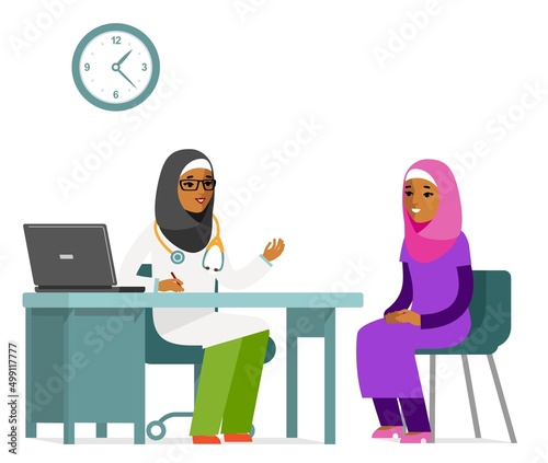 Medicine concept with muslim doctor woman and patient in flat style