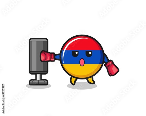 armenia flag boxer cartoon doing training with punching bag