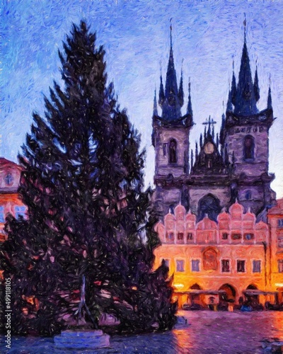 Real painting modern artistic artwork Prague Czechia drawing in oil city center vintage houses and architecture, Europe travel, wall art print for canvas or paper poster, tourism production design